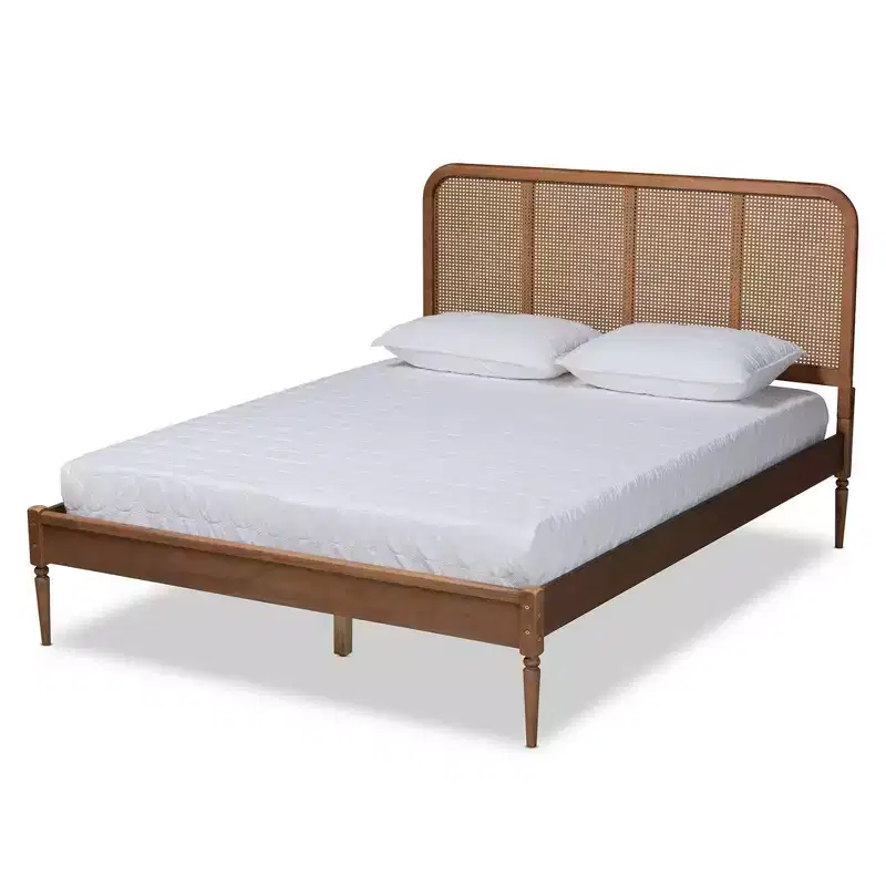 King Elston Wood & Synthetic Rattan Platform Bed Brown/Ash Walnut - Mid-Century Design, Turned Legs