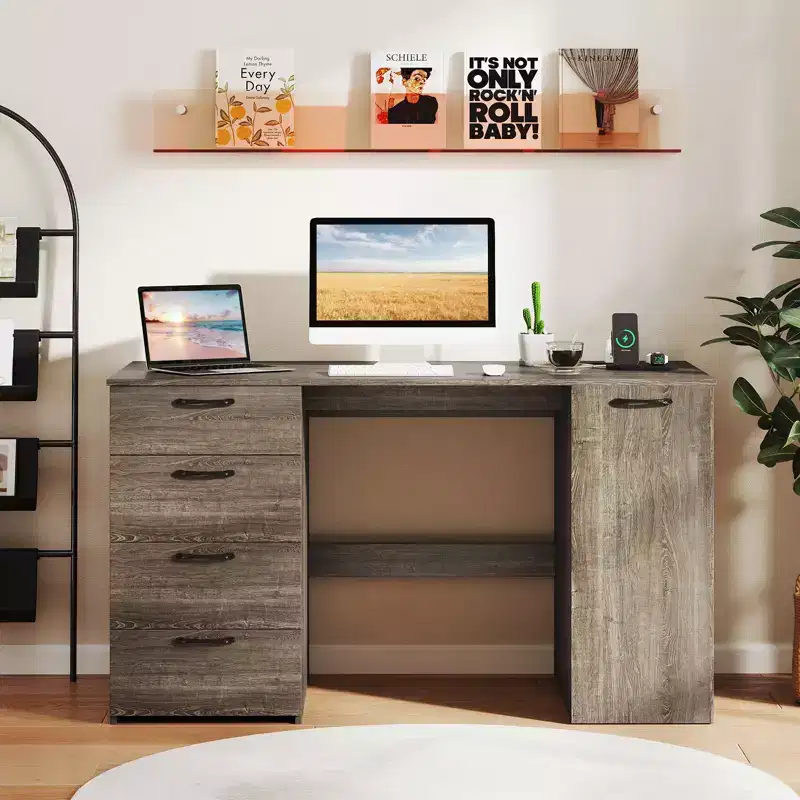 Costway 53 Computer Desk with Power Outlets Large Executive Desk with 4 Storage Drawers Gray/White