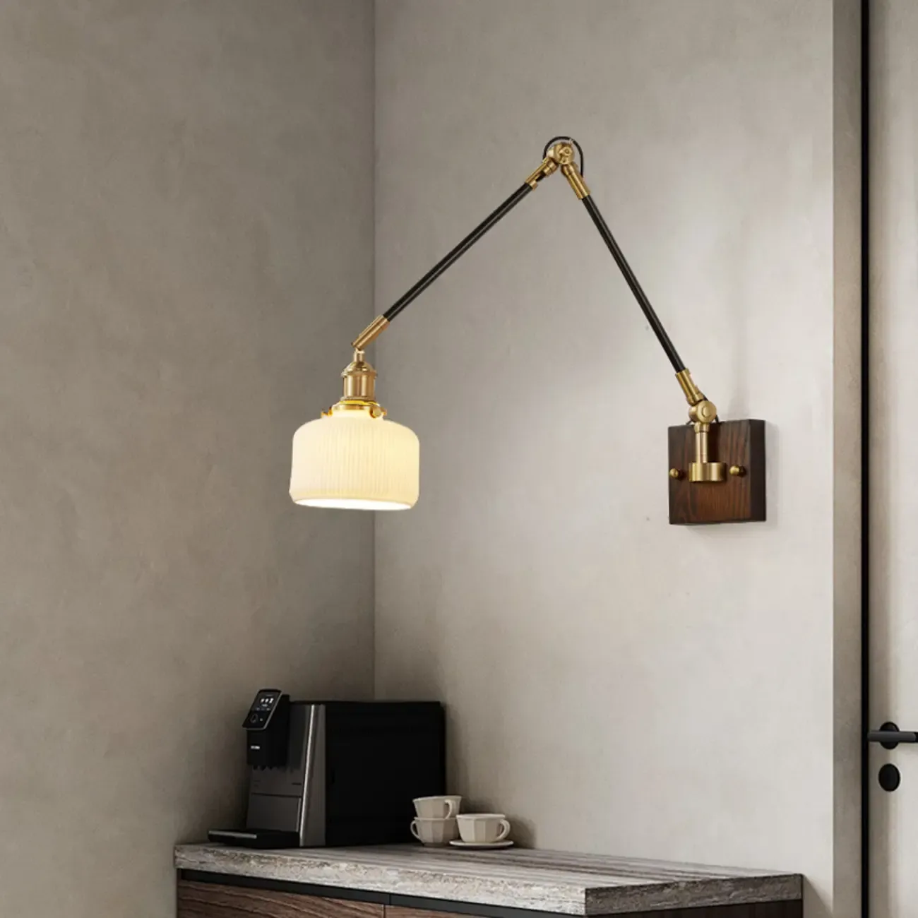 Industrial Amber Swing Arm LED Wall Sconce with Glass Shade