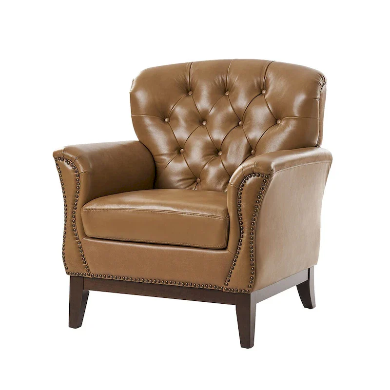 Traditional Genuine Leather Accent Chair with Tufted Wing Back