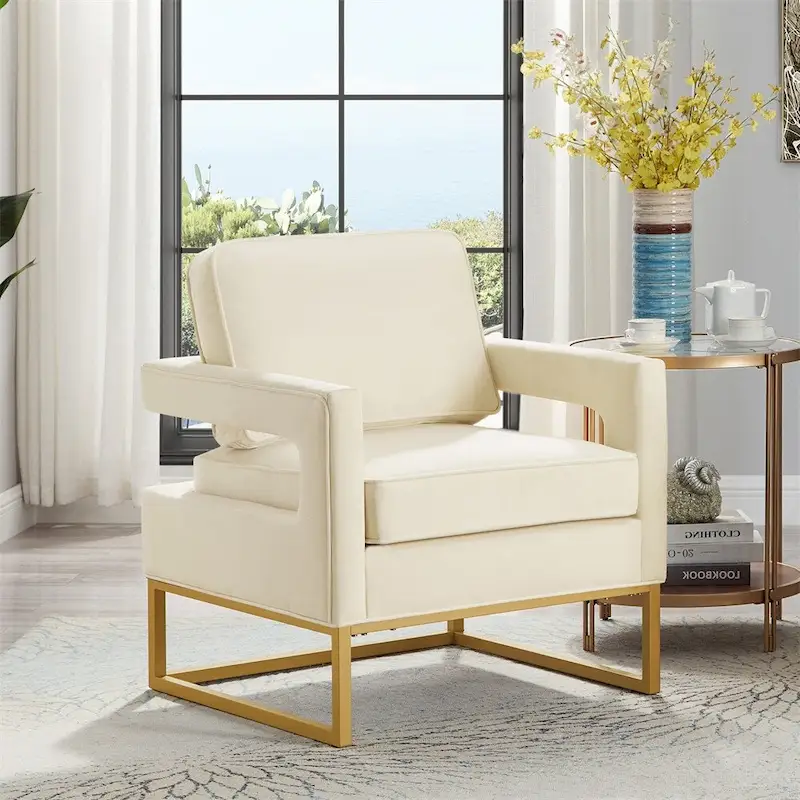 Modern Style Velvet Accent Chair with Gold Metal Base