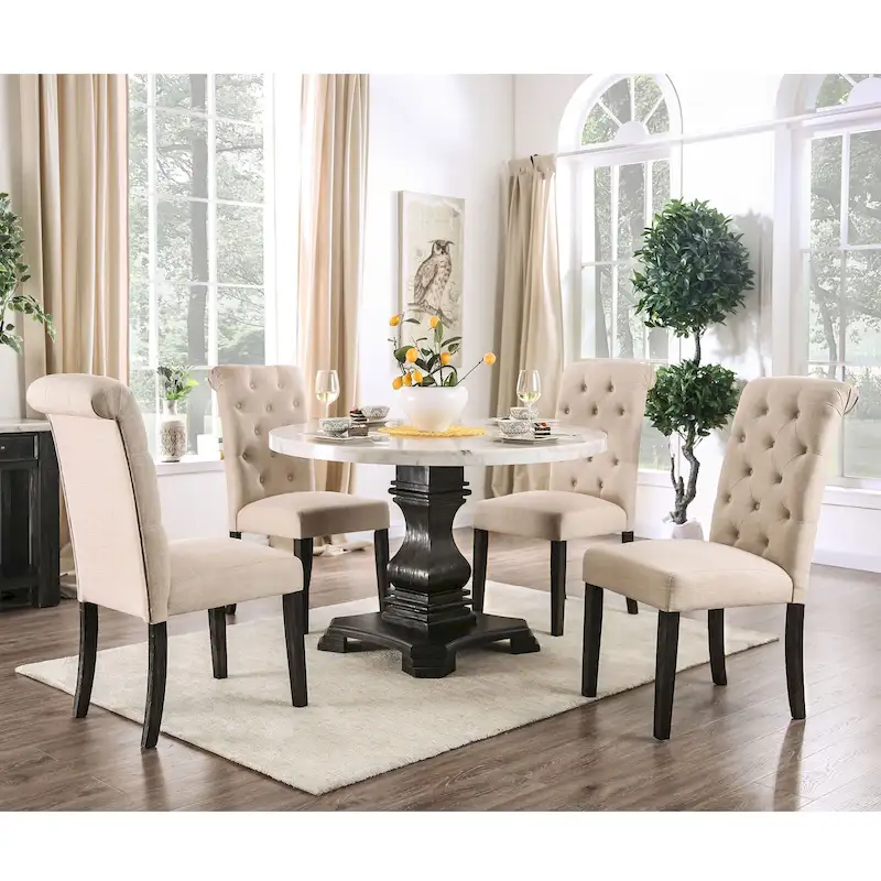 Brec Farmhouse Marble Top 5-Piece Round Dining Table Set with Tufted Chairs by