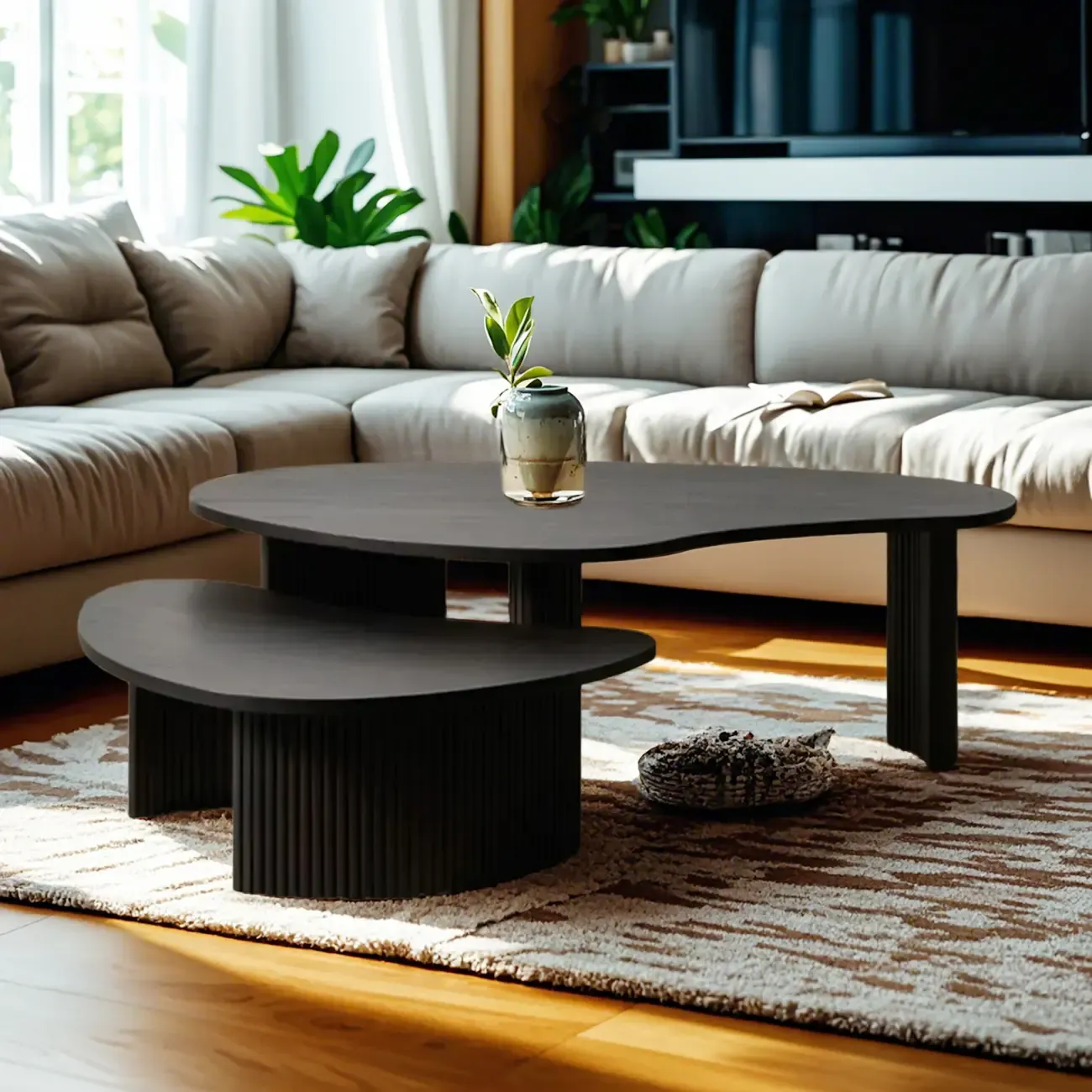 Contemporary Wooden Black Unique Shape Coffee Table