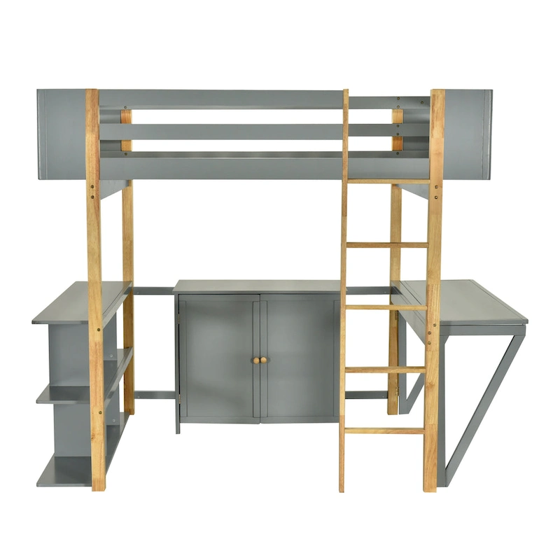 Gray Twin Size Solid Wood Loft Bed with Storage Cabinet & Desk
