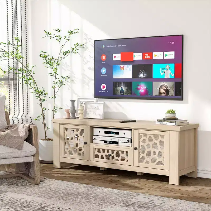 55 Retro TV Stand Media Entertainment Center w/ Mirror Doors & Drawer