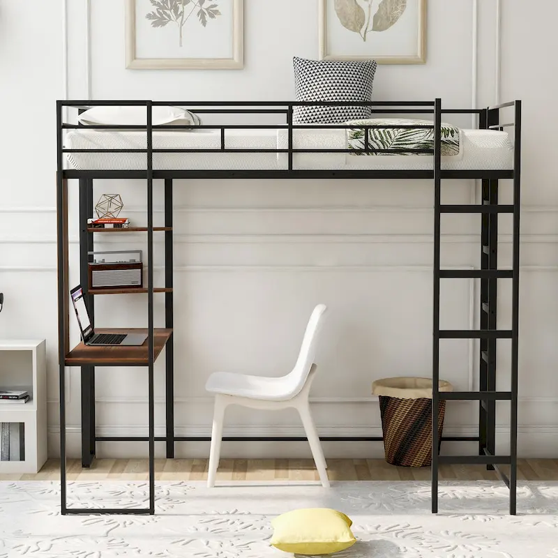 Twin Metal Loft Bed with Ladder, Fence & Desk