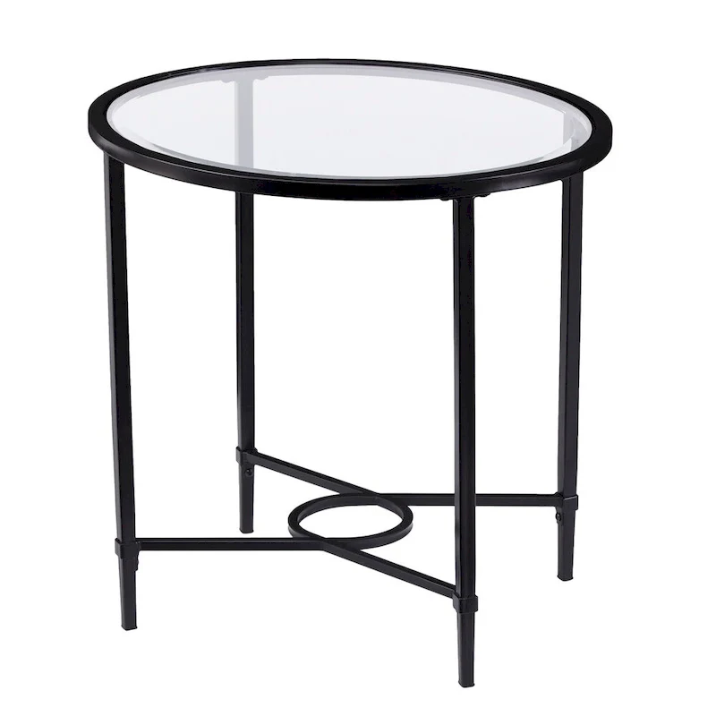 Metal Scrollwork Oval Side Table with Beveled Tempered Glass