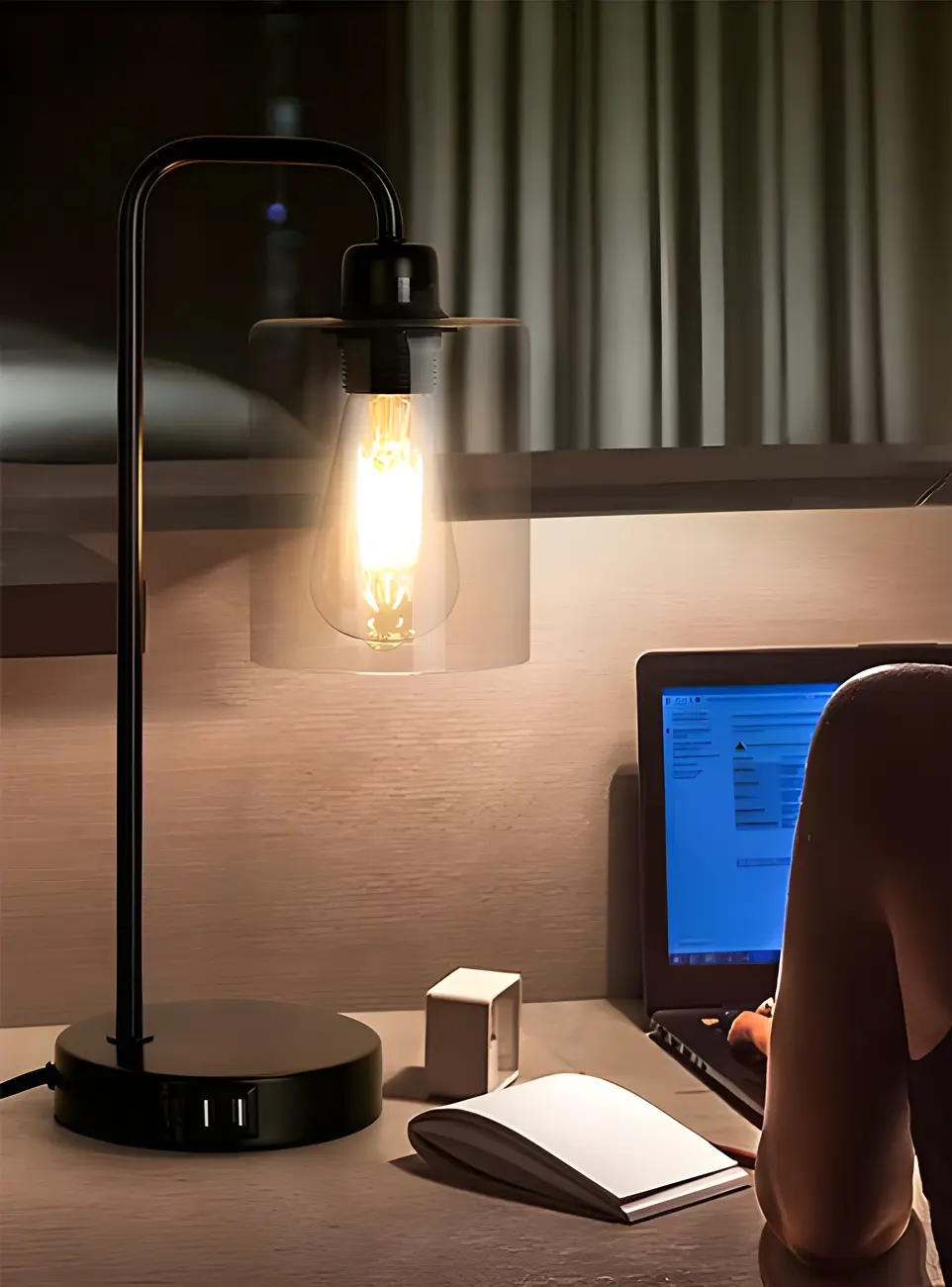 Simple Black Metal Glass Barrel Table Lamp with Touch Switch