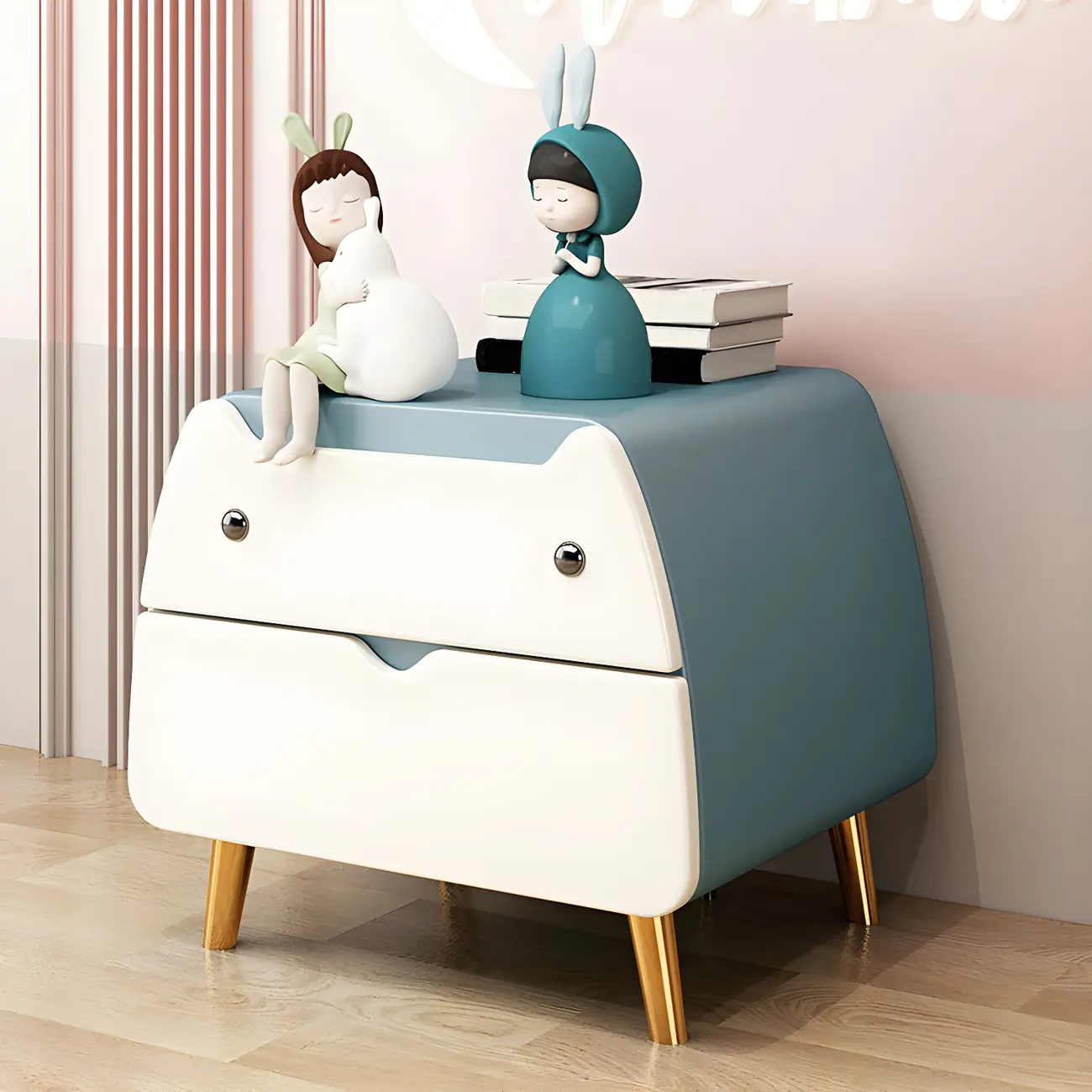 Pink Cute Cat Shape Scandinavian Nightstand with 2 Drawers