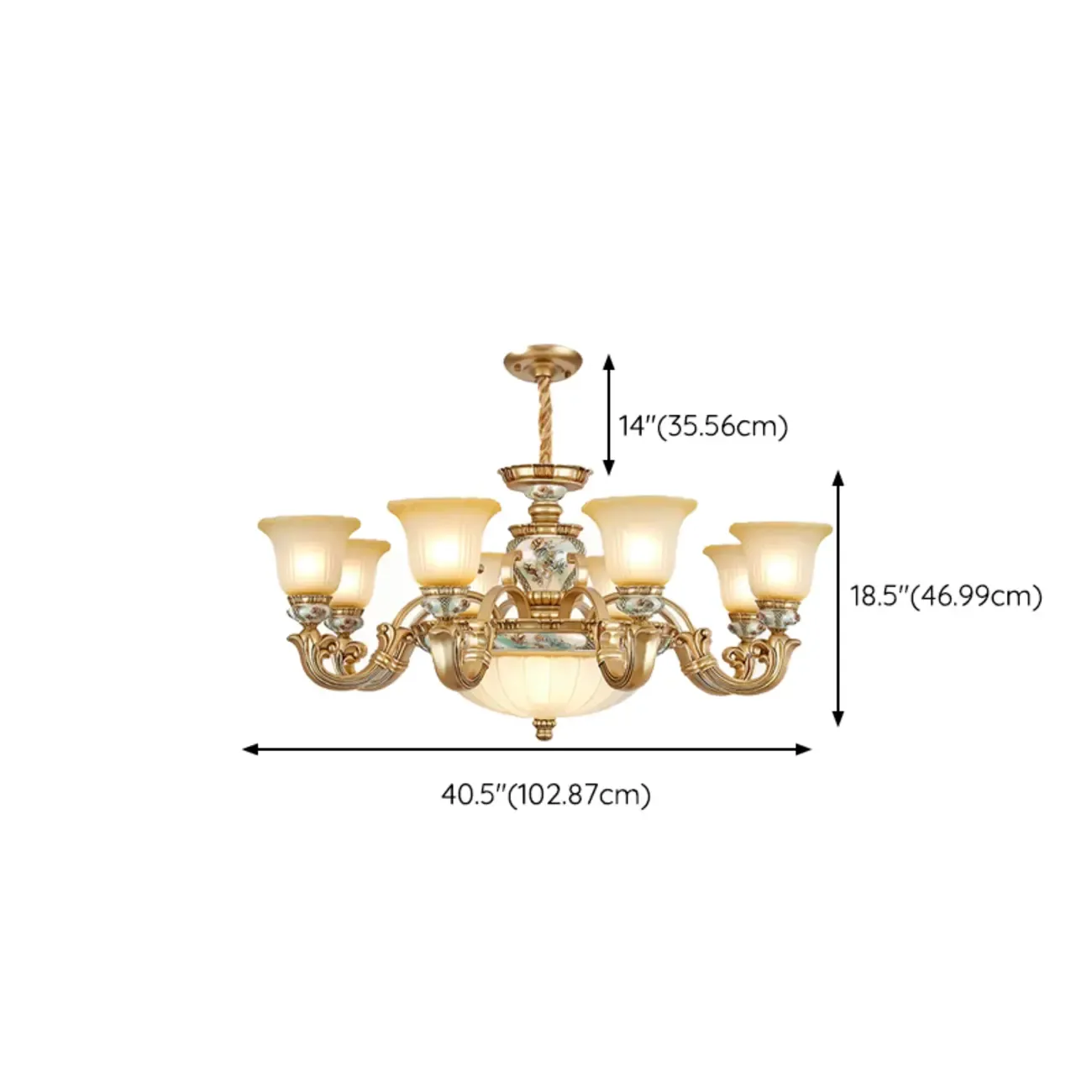 Antique Gold Ceramic Chandelier with Frosted Glass Bell Shape