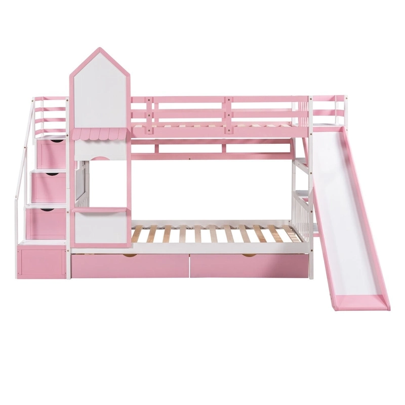 Twin-Over-Twin Castle Style Bunk Bed with Drawers,Shelves,Slide