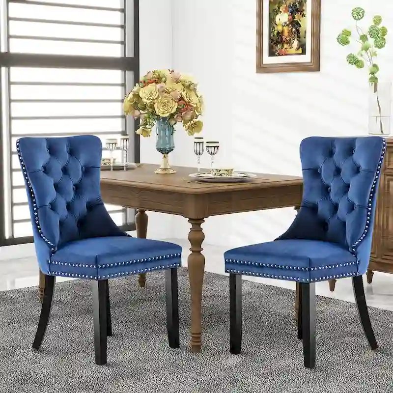 Set of 2 Velvet Dining Chairs,Tufted Solid Wood Armless Chairs Accent Chair with Nailhead Trim and Back Ring Pull - N/A
