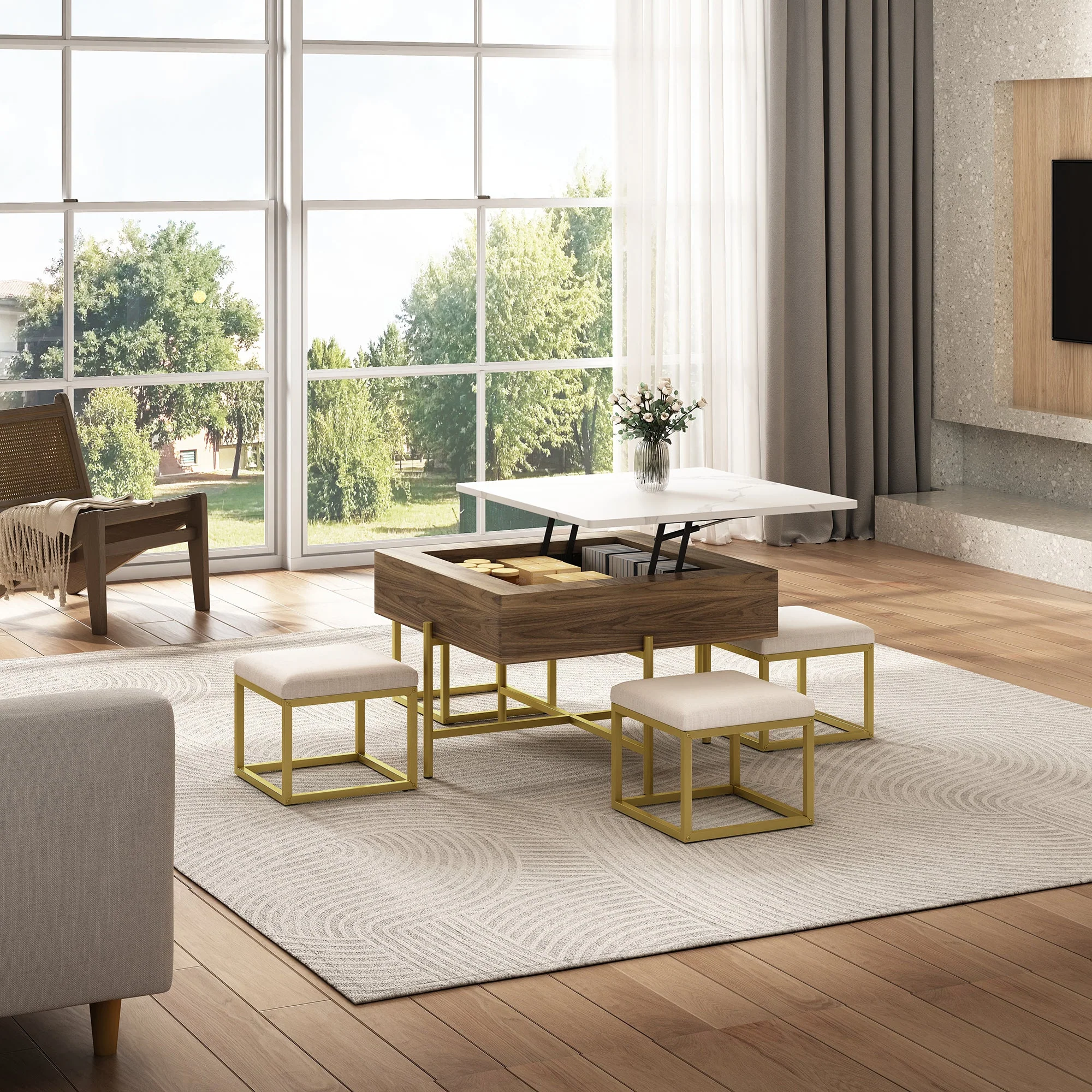 Walker Edison | Modern Square Lift-Top Coffee Table Set with 4 Ottomans