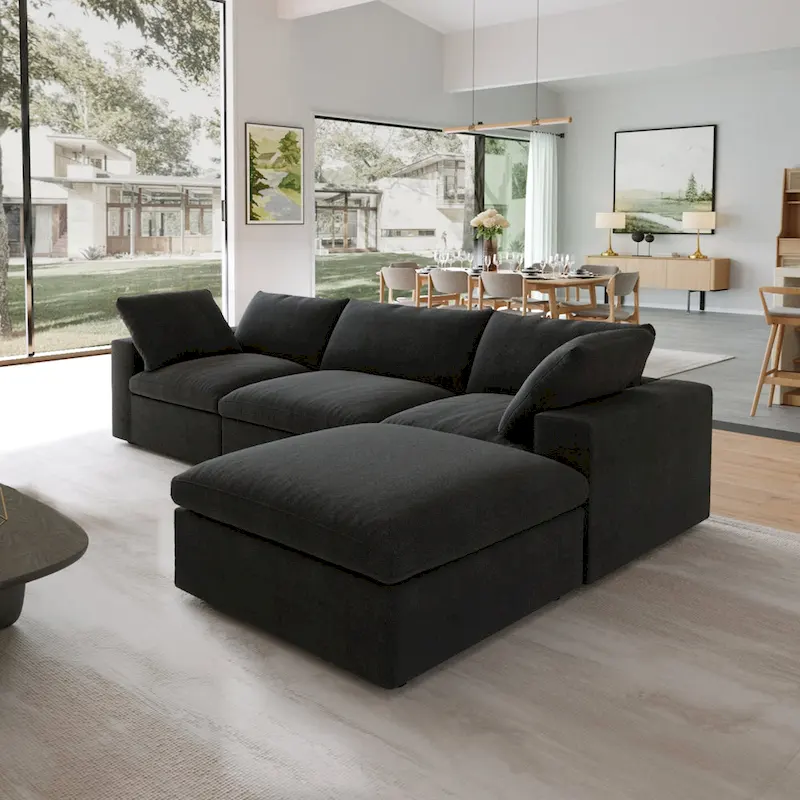 Black Commix Down Filled Overstuffed Sectional Sofa with Ottoman