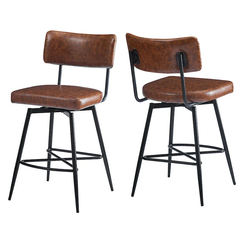 26 Retro Swivel Counter Stools, Set of 2 PU Leather Bar Chairs with Cushioned Seat and Iron Frame