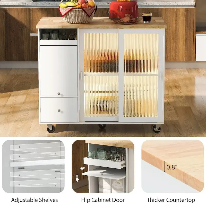 LED Light Kitchen Cart with Drop Leaf and Adjustable Shelf