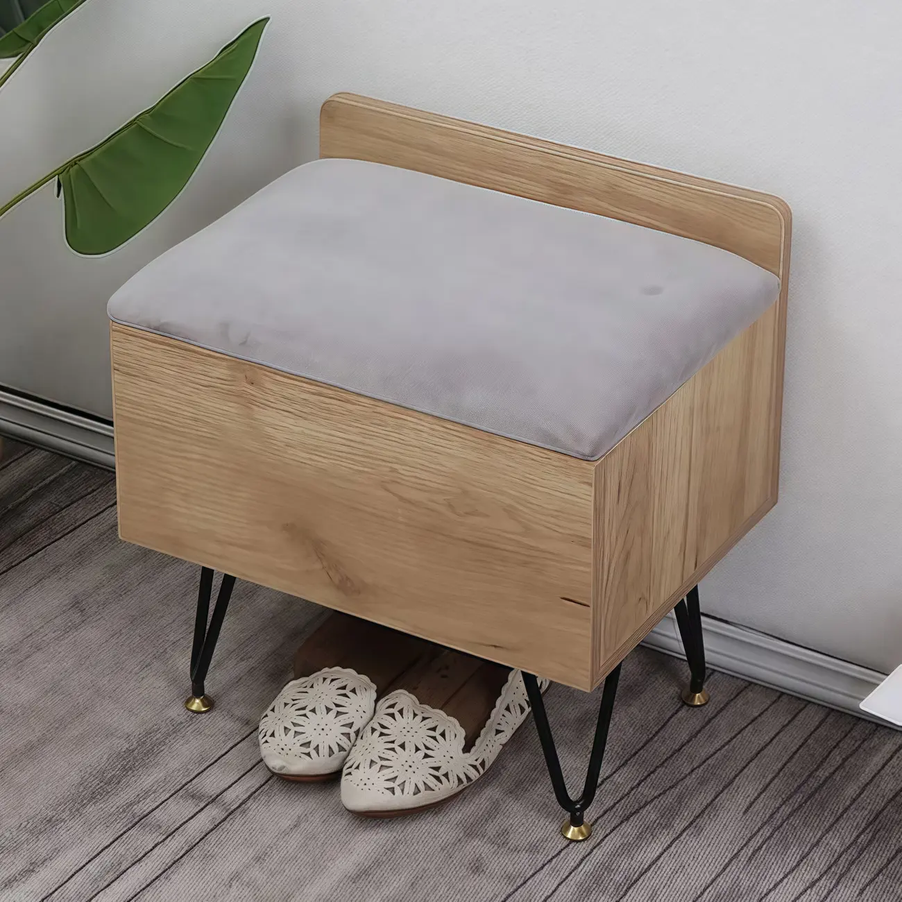 Nordic Wood Lift-Top Cushioned Shoe Storage Bench