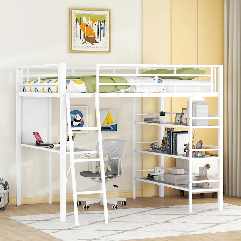 Twin Metal Loft Bed with Integrated Desk