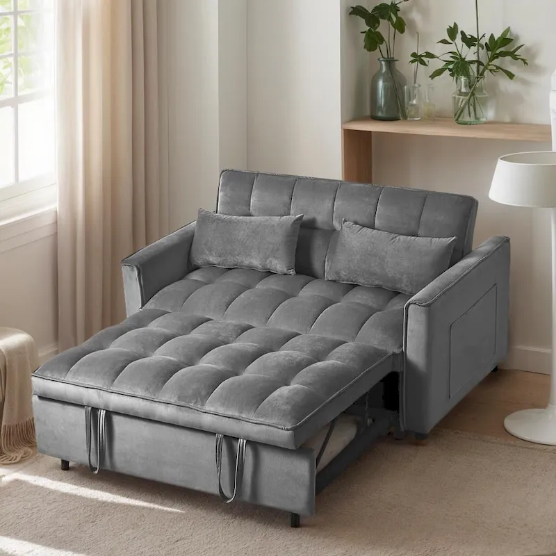 Modern Velvet Loveseat Futon Sofa Couch Pullout Bed, Small Love Seat Lounge Sofa w/Reclining Backrest, Toss Pillows, Pockets