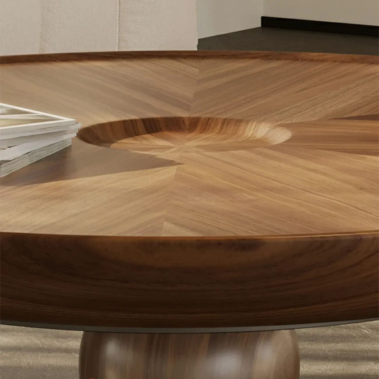 Tray Top Wood Walnut Abstract Base Round Coffee Table