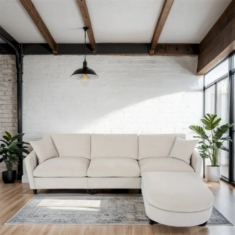 108 Modern Fabric Sectional Sofa with Ottoman and Pillows