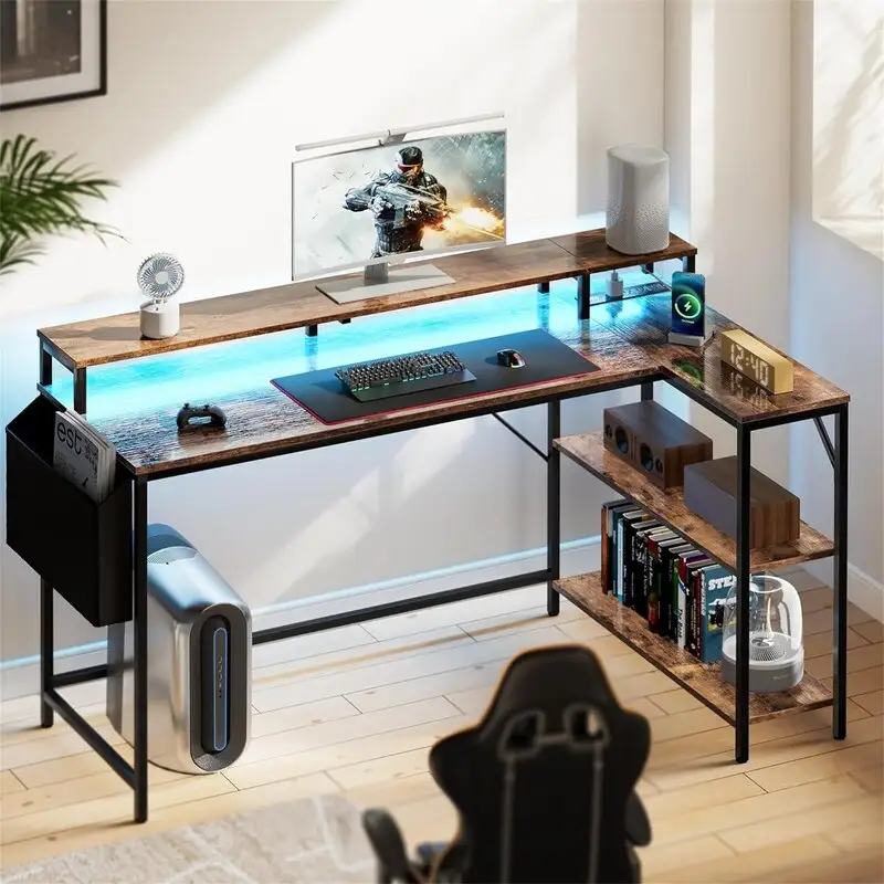 L Shaped Gaming Desk with LED Lights