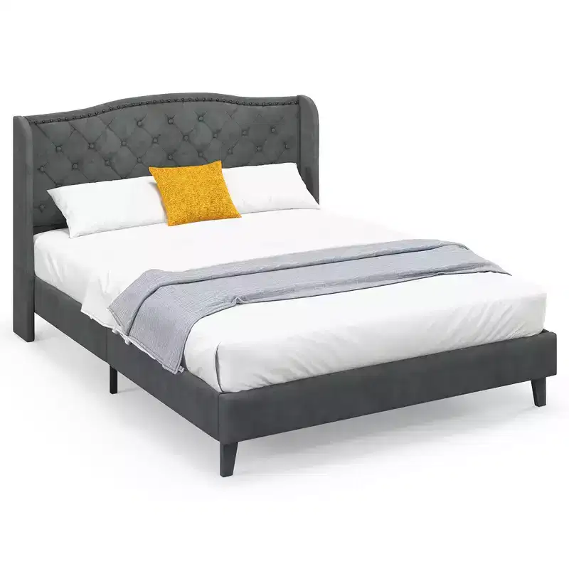 Queen Upholstered Platform Bed Frame with Button-Tufted Headboard, Noise-Free, 1000 lbs Capacity