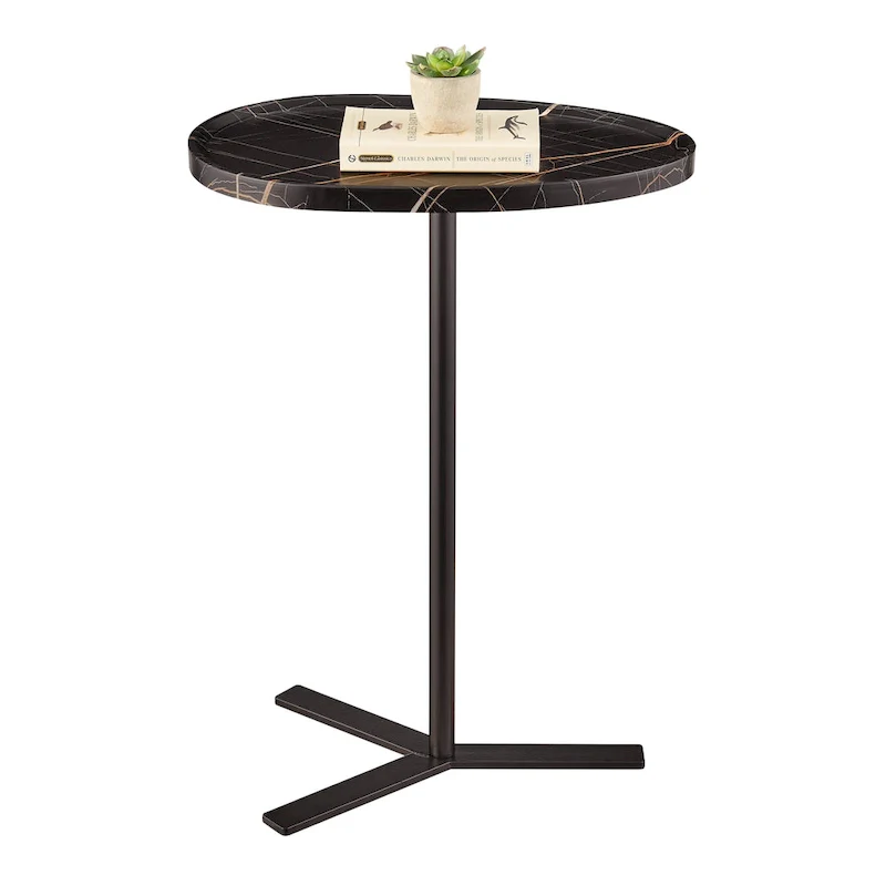 Oval Teardrop Modern Raised Lip Edge Couch-Side Accent C-Table with Crossed Y-Shape Metal Pedestal Leg