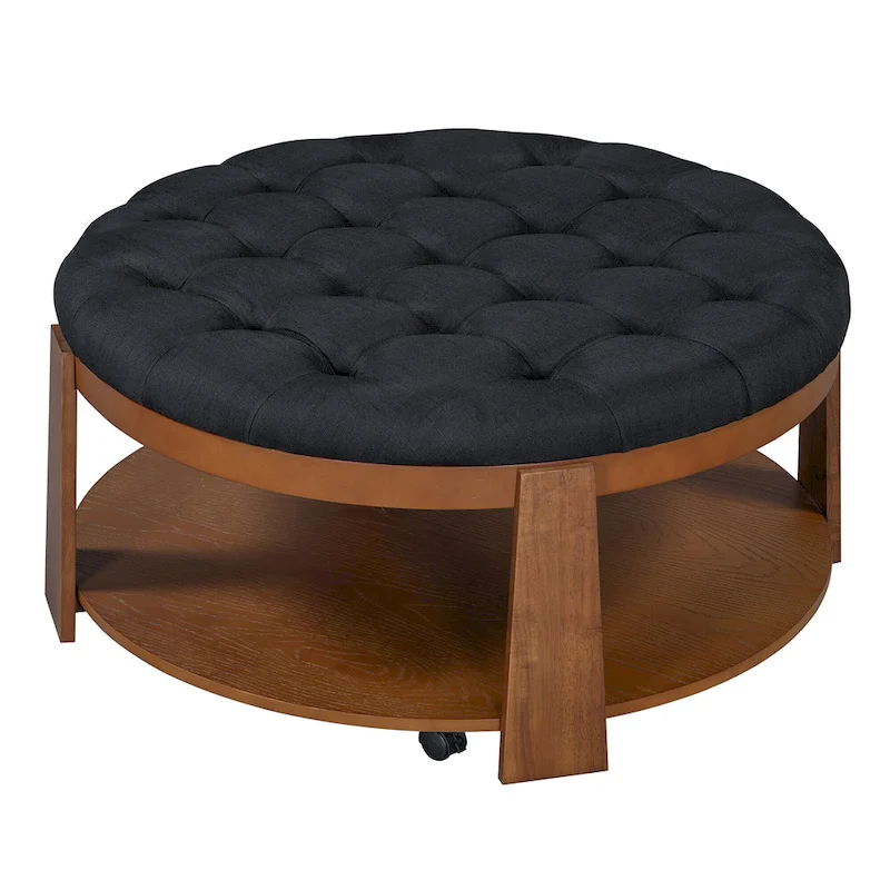 36  Round Button Tufted Upholstered Coffee Table with Wood Shelf and Wheel
