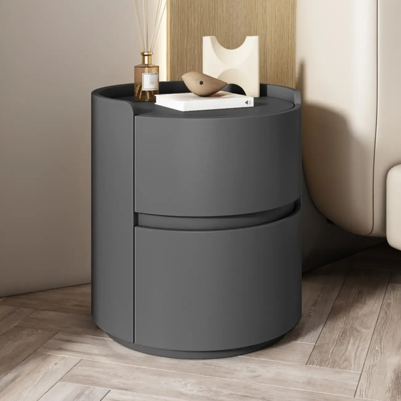 Modern Leather Tray Round 2-Drawer Nightstand