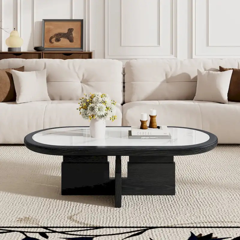 Black & White Oval Coffee Table - Wood Veneer with Sintered Stone Top (47