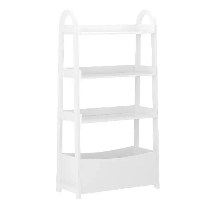 White Open-Style Kids Bookshelf with 3 Shelves and Storage Bin