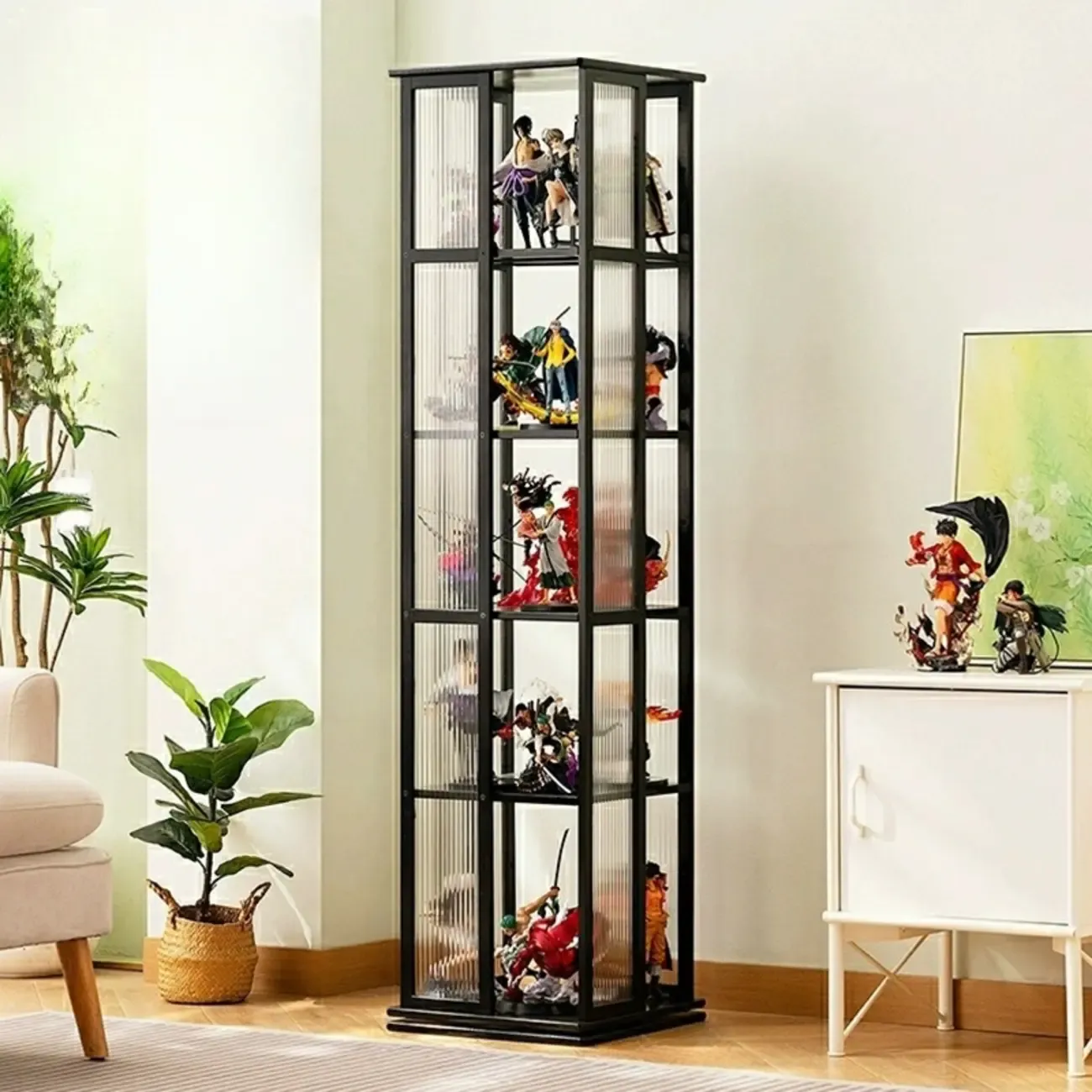 Modern Black Bamboo Tall Narrow Glass Open Display Cabinet