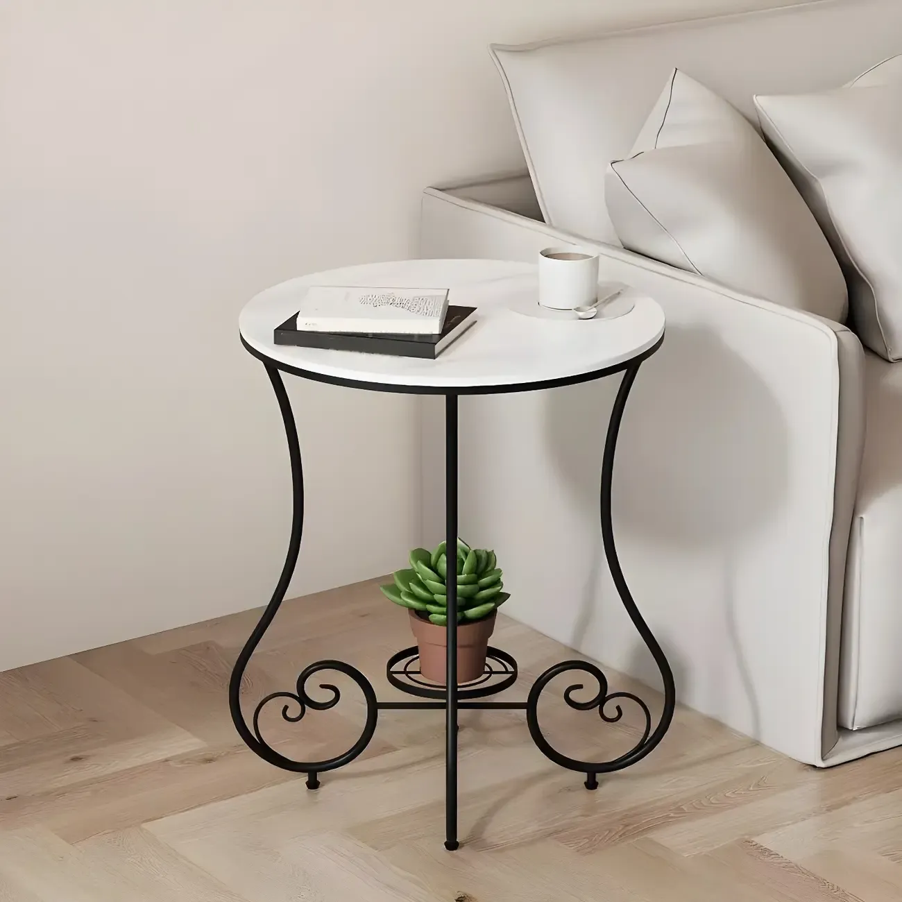 Modern Gloss Finish Steel Marble-Top Round Side Table