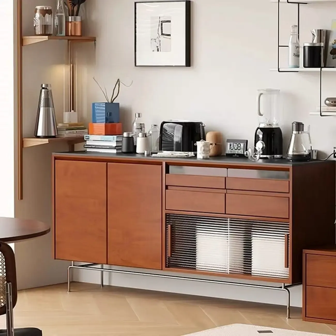 Modern Pine Cherry Wood Sliding Doors Buffet