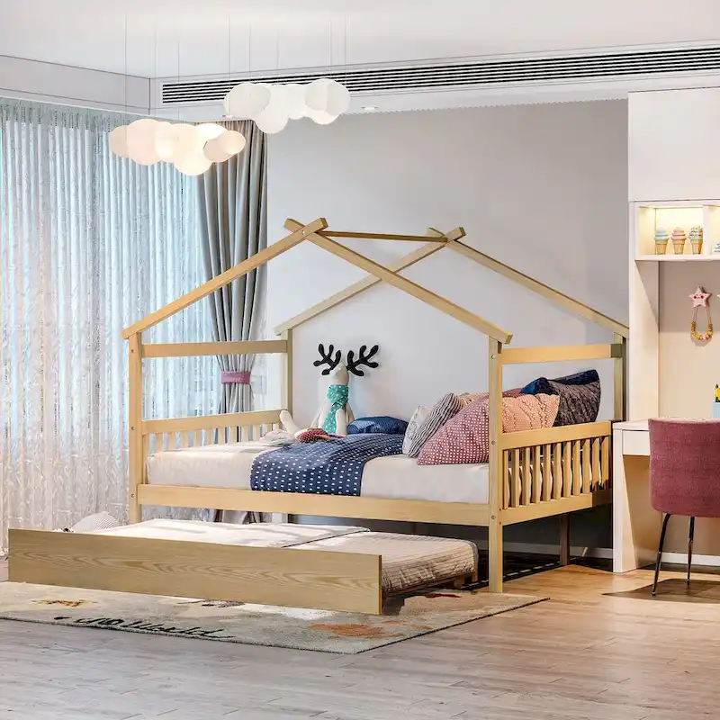 Wooden Full House Day Bed with Trundle