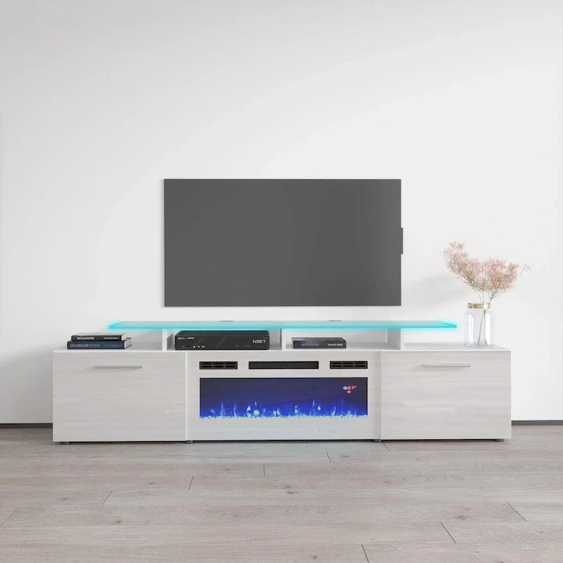 White/Gray/Black Electric Fireplace TV Stand, Fits 85" TVs, 75"W x 19"H, LED Lights, Remote