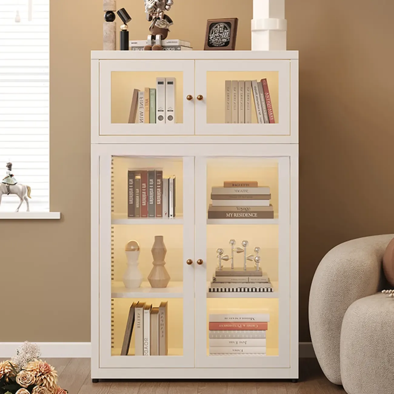 Stylish 4-Tier Metal Glass White Bookcase with Doors