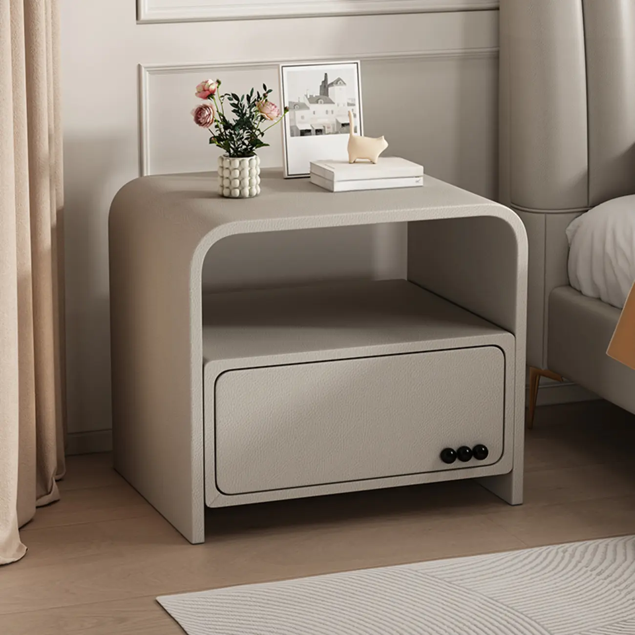 Elegant Modern White Faux Leather Wood Drawer Nightstand