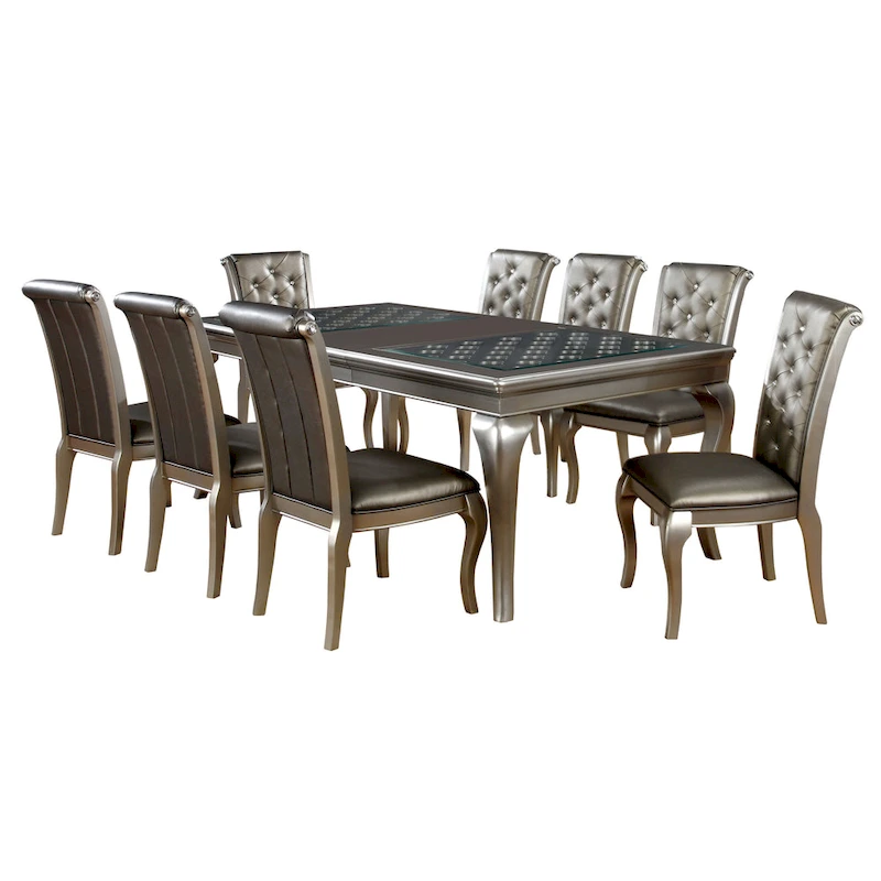 Tily Glam Gold Faux Leather Tufted 9-Piece Dining Table with Leaf Set by Furniture of America