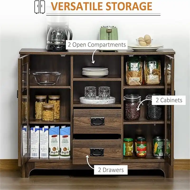 Grey / White / Walnut Sideboard Buffet Cabinet with Glass Doors & Adjustable Shelves