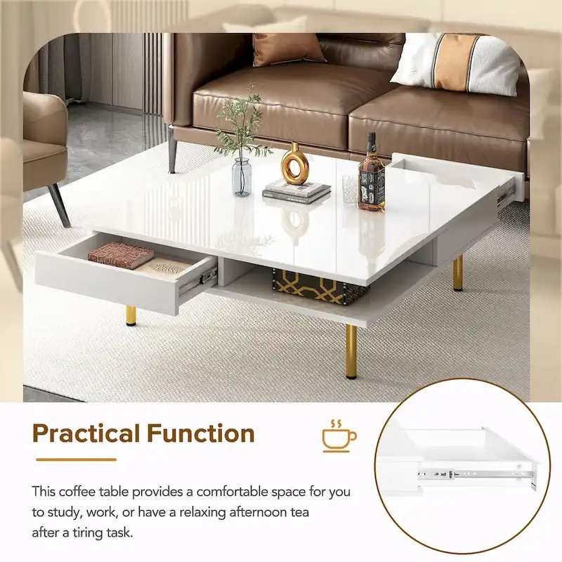High Gloss Coffee Table: 4 Golden Legs, 2 Drawers, 2-Tier Square Design