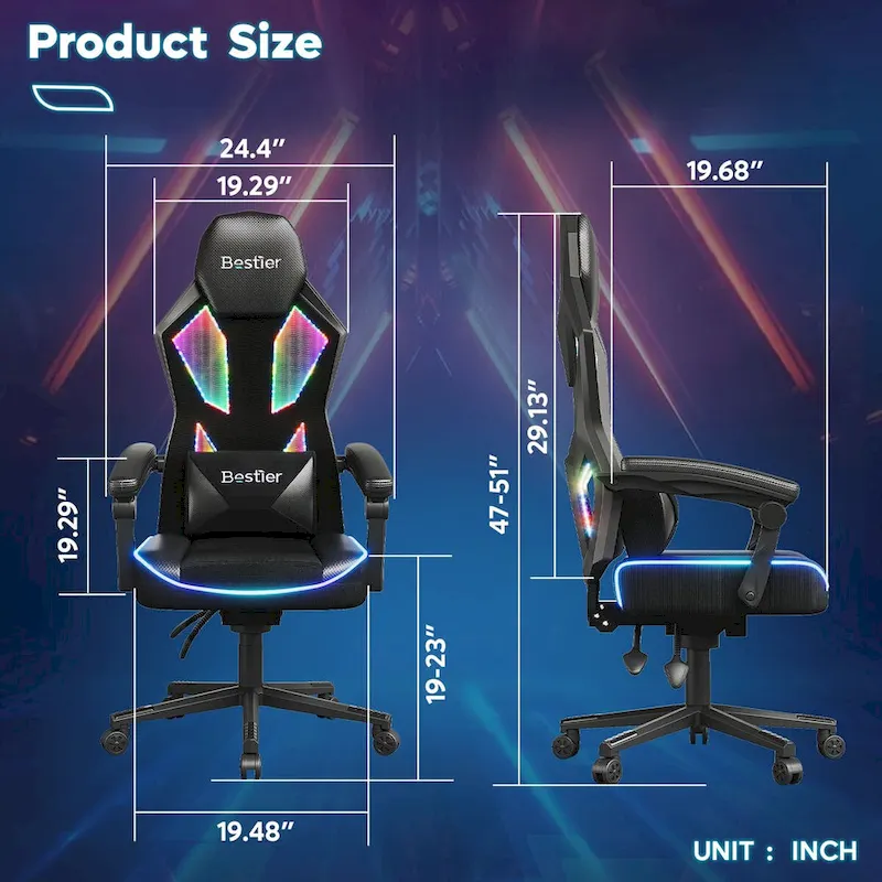 Ergonomic Gaming Chair with RGB LED Lights, Ventilated Fabric Computer Chair with Pocket Spring Cushion and Articulated Armrests