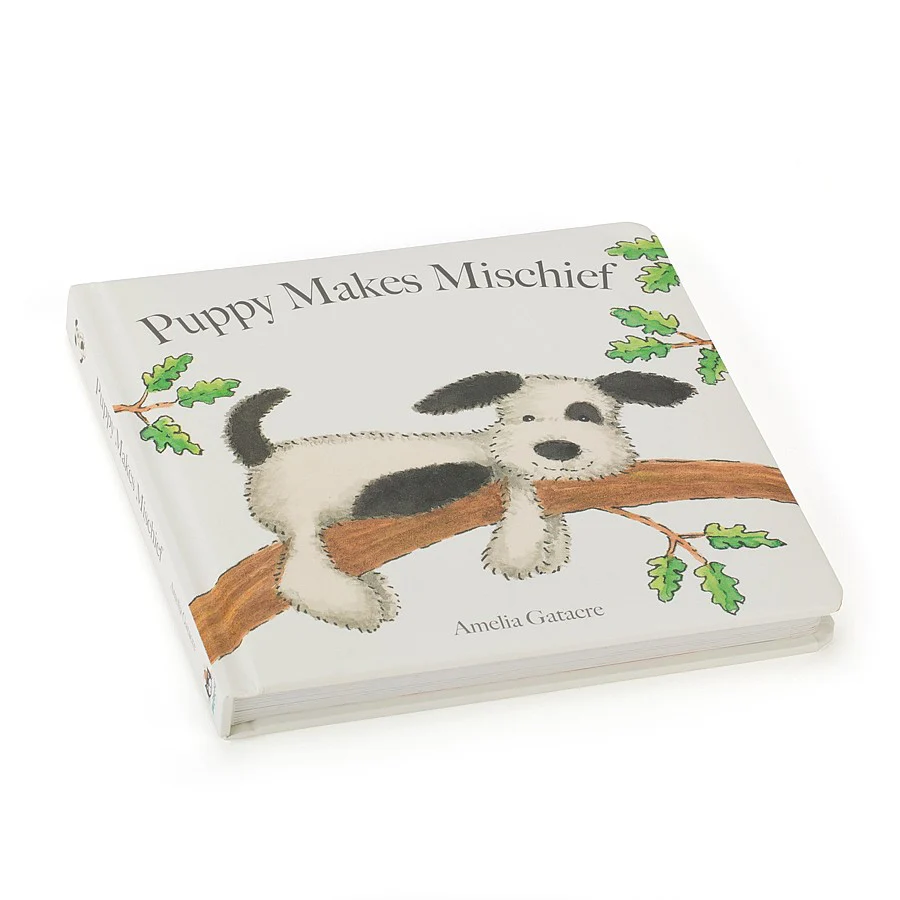 Jellycat Book Puppy Makes Mischief (Bashful Black & Cream Puppy) 19cm