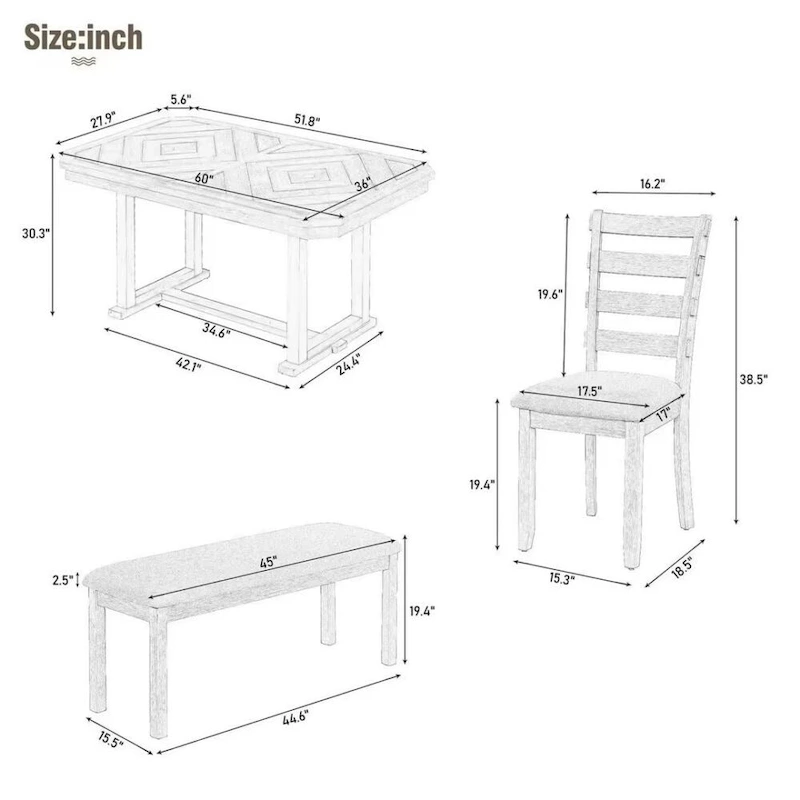 6-Piece Rubber Wood Dining Table Set with Beautiful Wood Grain Pattern Tabletop