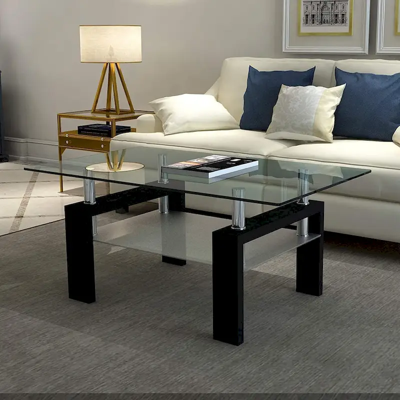 Rectangle Coffee Table Glass Tabletop with Lower Shelf