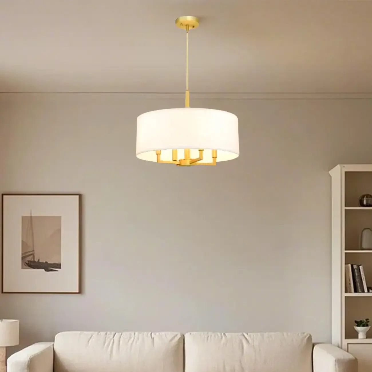 Modern Fabric Drum Chandeliers with Elegant Gold Finish