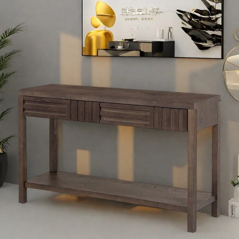 51.3 MDF Classic Stripe Console Table - Ash Veneer & Fir Wood Legs with 2 Drawers