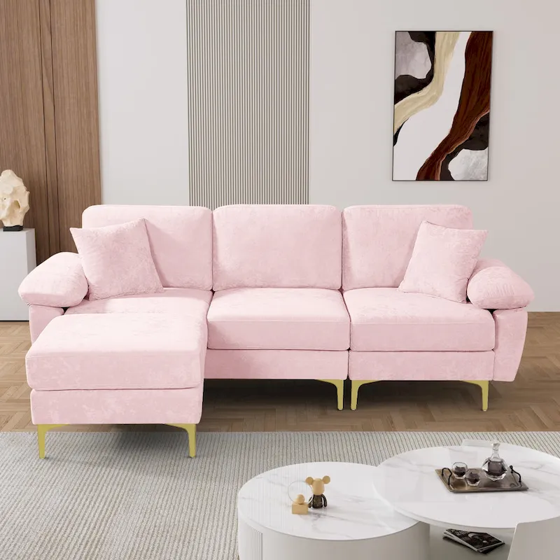 Ouyessir 2-Pieces Upholstered Velvet Sectional Sofa with 2 Pillows & Ottoman