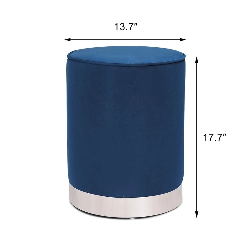 Adeco Vanity Upholstered Round Velvet Ottoman Footstool Silver Trim
